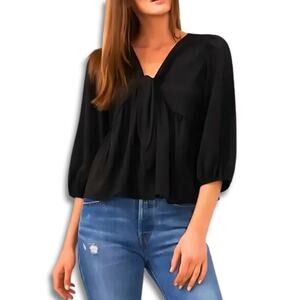 Riley & Rae Peplum Blouse Knot Front 1/2 Puff Sleeves V Neckline Black W XL NWT